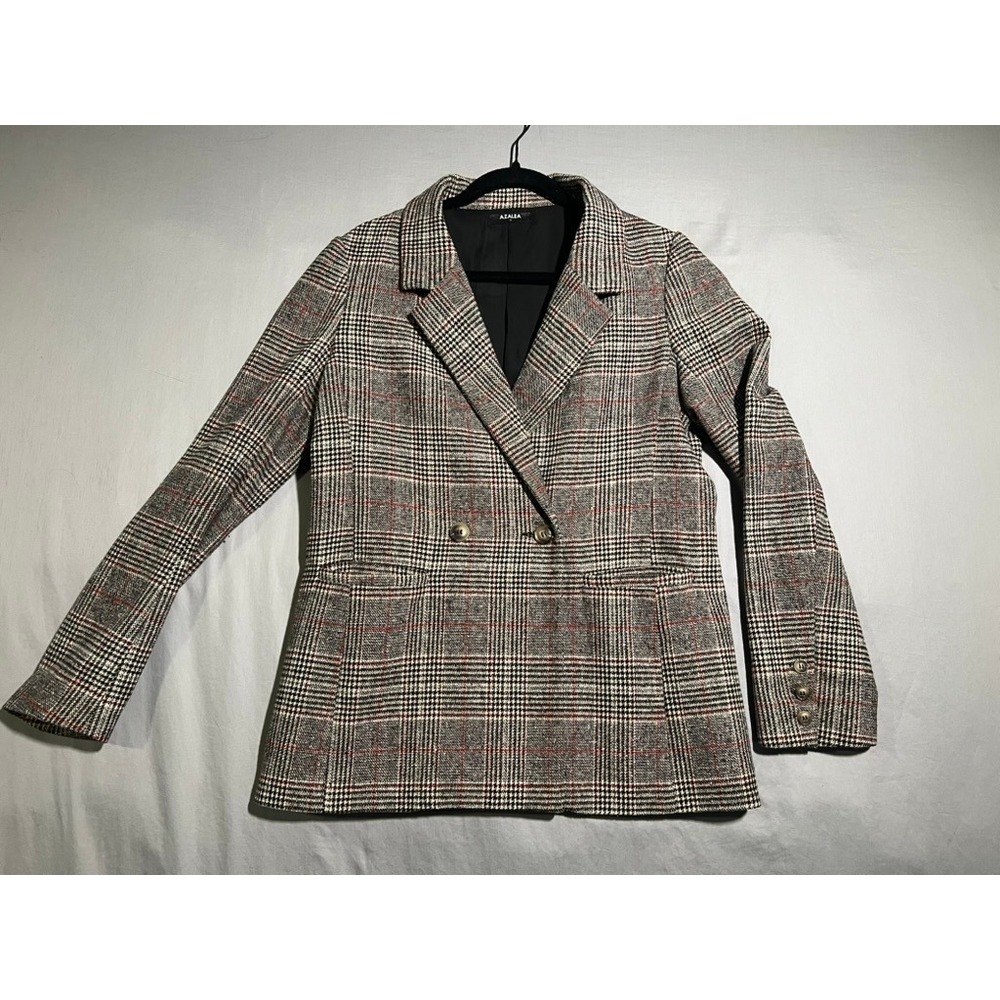 Azalea Glen Plaid Double Breasted Blazer Red Grey Black Check Jacket Womens M